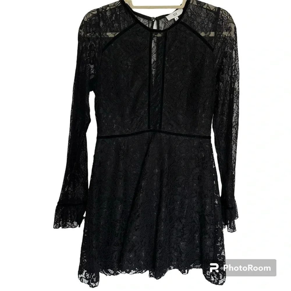 NSR Lace Long Sleeve Ruffle Cuff Black Sheer Mini Cocktail Dress Size Me…